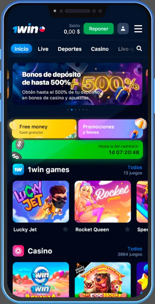 Casino de 1win abierto en la pantalla de un teléfono